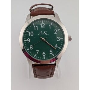A.K. Watch Men 41mm Silver Case Green‎ Dial Brown Faux Leather Band- New Battery